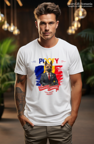 Tricou Barbati cu Animal In Costum de Presedinte, Steagul Romaniei, Peronalizata cu Numele si Poza Animalului Tau cu imprimeu pe Fata, 100% Bumbac, Alb, M [1]