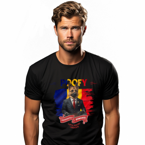 Personalizate cu Animalul Tau - Tricou Barbati cu Animal In Costum de Presedinte, Steagul Romaniei, Peronalizata cu Numele si Poza Animalului Tau cu imprimeu pe Fata, 100% Bumbac, Negru, XS