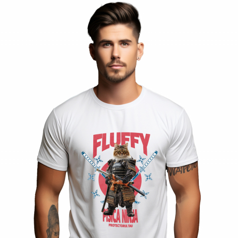 Personalizate cu Animalul Tau - Tricou Barbati cu Animal In Costum de Samurai cu Sabie, Peronalizata cu Numele si Poza Animalului Tau cu imprimeu pe Fata, 100% Bumbac, Alb, XS