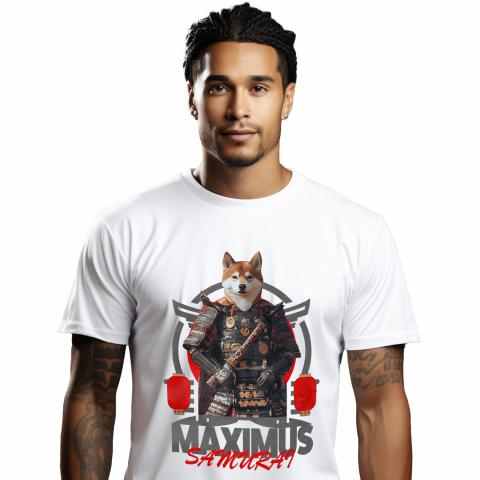 Tricouri - Tricou Barbati cu Animal In Costum de Samurai, Peronalizata cu Numele si Poza Animalului Tau cu imprimeu pe Fata, 100% Bumbac, Alb, M