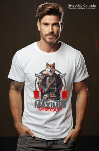 Tricou Barbati cu Animal In Costum de Samurai, Peronalizata cu Numele si Poza Animalului Tau cu imprimeu pe Fata, 100% Bumbac, Alb, M [1]