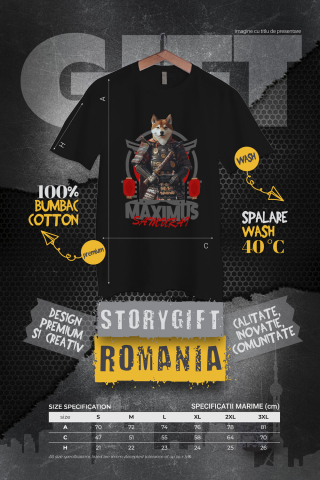 Tricou Barbati cu Animal In Costum de Samurai, Peronalizata cu Numele si Poza Animalului Tau cu imprimeu pe Fata, 100% Bumbac, Negru, S [3]