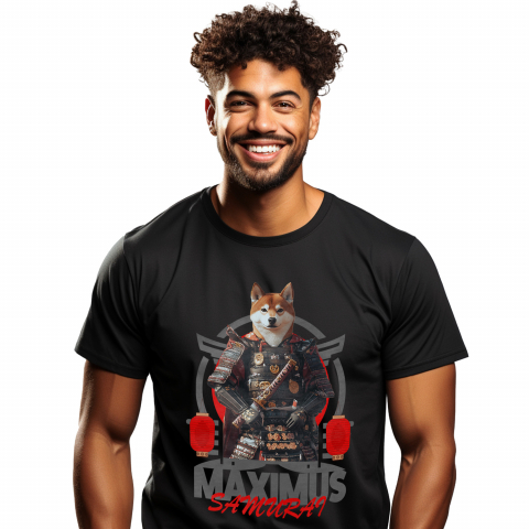 Personalizate cu Animalul Tau - Tricou Barbati cu Animal In Costum de Samurai, Peronalizata cu Numele si Poza Animalului Tau cu imprimeu pe Fata, 100% Bumbac, Negru, XS