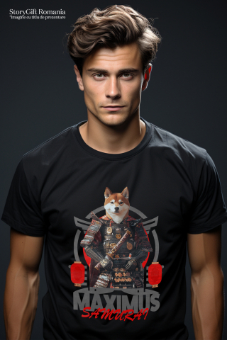 Tricou Barbati cu Animal In Costum de Samurai, Peronalizata cu Numele si Poza Animalului Tau cu imprimeu pe Fata, 100% Bumbac, Negru, S [1]