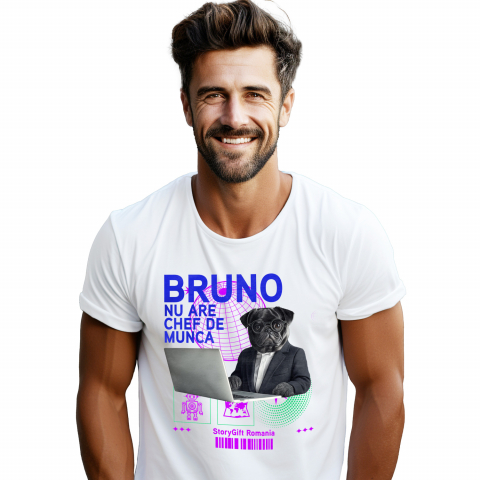 Tricouri - Tricou Barbati cu Animal In Costum Lucrand pe Laptop, Peronalizata cu Numele si Poza Animalului Tau cu imprimeu pe Fata, 100% Bumbac, Alb, M