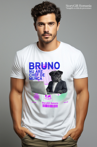 Tricou Barbati cu Animal In Costum Lucrand pe Laptop, Peronalizata cu Numele si Poza Animalului Tau cu imprimeu pe Fata, 100% Bumbac, Alb, M [1]