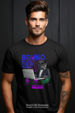 Tricou Barbati cu Animal In Costum Lucrand pe Laptop, Peronalizata cu Numele si Poza Animalului Tau cu imprimeu pe Fata, 100% Bumbac, Negru, M [1]