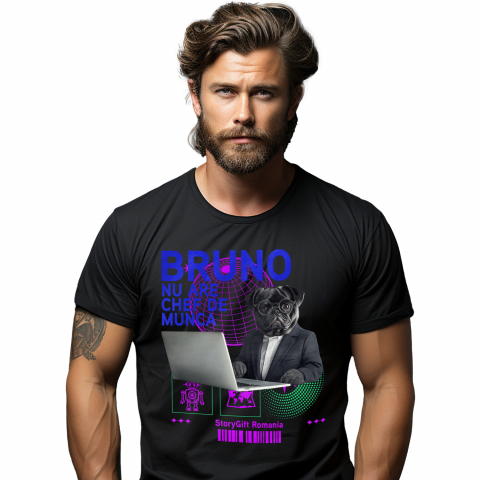 Personalizate cu Animalul Tau - Tricou Barbati cu Animal In Costum Lucrand pe Laptop, Peronalizata cu Numele si Poza Animalului Tau cu imprimeu pe Fata, 100% Bumbac, Negru, XS