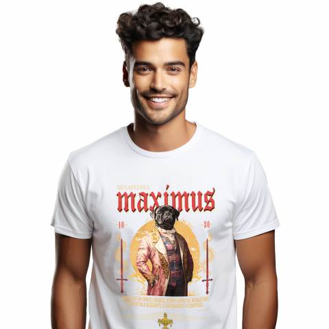 Personalizate cu Animalul Tau - Tricou Barbati cu Animal In Costum Medieval, Portret, Peronalizata cu Numele si Poza Animalului Tau cu imprimeu pe Fata, 100% Bumbac, Alb, XS