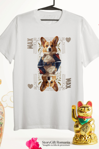 Tricou Femei cu Animal In Costum Regal, Carte de Joc, Inima, Peronalizata cu Numele si Poza Animalului Tau cu imprimeu pe Fata, 100% Bumbac, Alb, S [2]