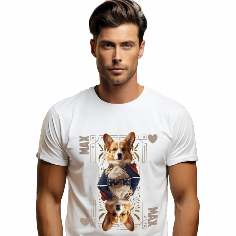 Personalizate cu Animalul Tau - Tricou Barbati cu Animal In Costum Regal, Carte de Joc, Inima, Peronalizata cu Numele si Poza Animalului Tau cu imprimeu pe Fata, 100% Bumbac, Alb, XS