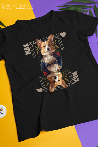 Tricou Barbati cu Animal In Costum Regal, Carte de Joc, Inima, Peronalizata cu Numele si Poza Animalului Tau cu imprimeu pe Fata, 100% Bumbac, Negru, S [2]