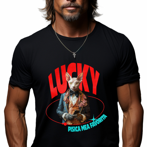 Personalizate cu Animalul Tau - Tricou Barbati cu Animal in Costum Regal, cu Manusi si Telefonul in Mana, Peronalizata cu Numele si Poza Animalului Tau cu imprimeu pe Fata, 100% Bumbac, Negru, XS