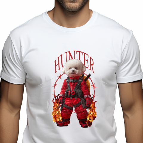 Personalizate cu Animalul Tau - Tricou Barbati cu Animal In Costum Rosu Similar cu Deadpool, Flacari, Peronalizata cu Numele si Poza Animalului Tau cu imprimeu pe Fata, 100% Bumbac, Alb, XS