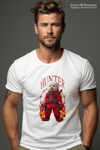 Tricou Barbati cu Animal In Costum Rosu Similar cu Deadpool, Flacari, Peronalizata cu Numele si Poza Animalului Tau cu imprimeu pe Fata, 100% Bumbac, Alb, XS [1]