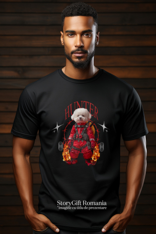 Tricou Barbati cu Animal In Costum Rosu Similar cu Deadpool, Flacari, Peronalizata cu Numele si Poza Animalului Tau cu imprimeu pe Fata, 100% Bumbac, Negru, S [1]