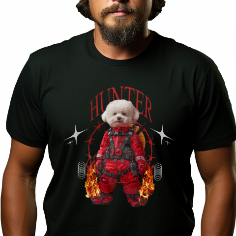 Personalizate cu Animalul Tau - Tricou Barbati cu Animal In Costum Rosu Similar cu Deadpool, Flacari, Peronalizata cu Numele si Poza Animalului Tau cu imprimeu pe Fata, 100% Bumbac, Negru, XS