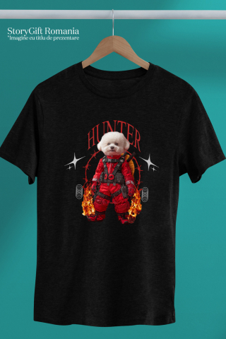 Tricou Barbati cu Animal In Costum Rosu Similar cu Deadpool, Flacari, Peronalizata cu Numele si Poza Animalului Tau cu imprimeu pe Fata, 100% Bumbac, Negru, S [2]