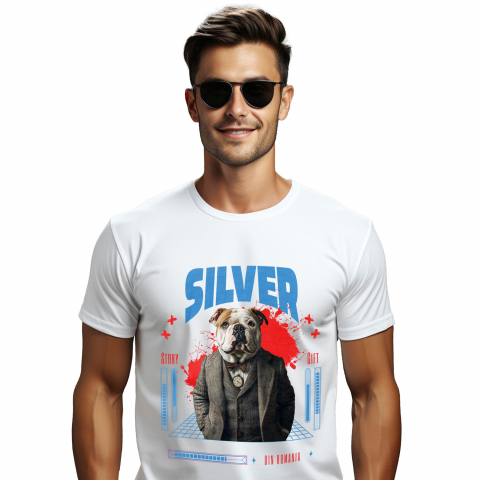 Personalizate cu Animalul Tau - Tricou Barbati cu Animal in Costum si papion, Peronalizata cu Numele si Poza Animalului Tau cu imprimeu pe Fata, 100% Bumbac, Alb, XS