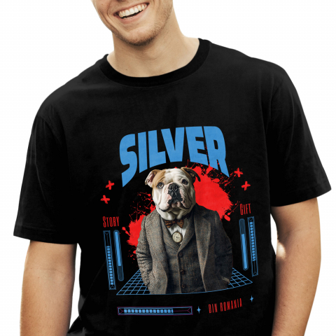 Personalizate cu Animalul Tau - Tricou Barbati cu Animal in Costum si papion, Peronalizata cu Numele si Poza Animalului Tau cu imprimeu pe Fata, 100% Bumbac, Negru, XS