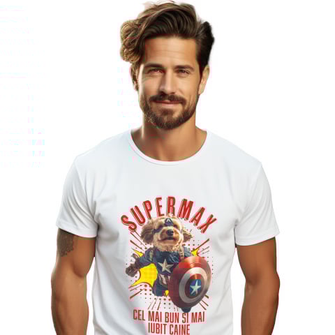Personalizate cu Animalul Tau - Tricou Barbati cu Animal In Costumul lui Capitanul America, Zburand, Scut, Peronalizata cu Numele si Poza Animalului Tau cu imprimeu pe Fata, 100% Bumbac, Alb, S