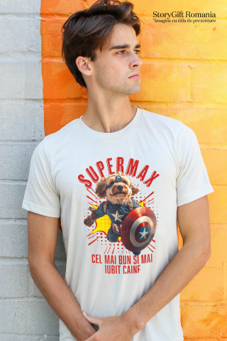Tricou Barbati cu Animal In Costumul lui Capitanul America, Zburand, Scut, Peronalizata cu Numele si Poza Animalului Tau cu imprimeu pe Fata, 100% Bumbac, Alb, S [1]