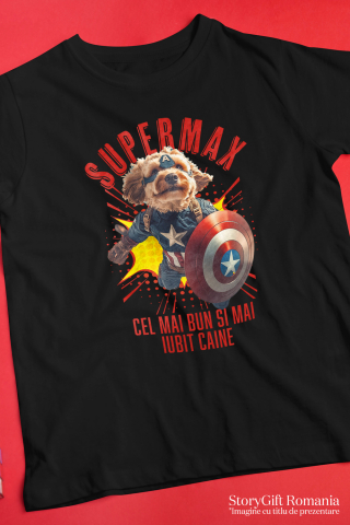 Tricou Barbati cu Animal In Costumul lui Capitanul America, Zburand, Scut, Peronalizata cu Numele si Poza Animalului Tau cu imprimeu pe Fata, 100% Bumbac, Negru, XS [2]