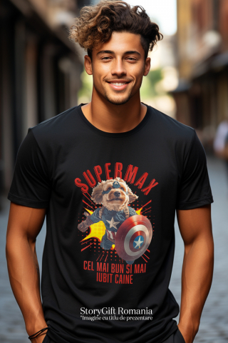 Tricou Barbati cu Animal In Costumul lui Capitanul America, Zburand, Scut, Peronalizata cu Numele si Poza Animalului Tau cu imprimeu pe Fata, 100% Bumbac, Negru, XS [1]