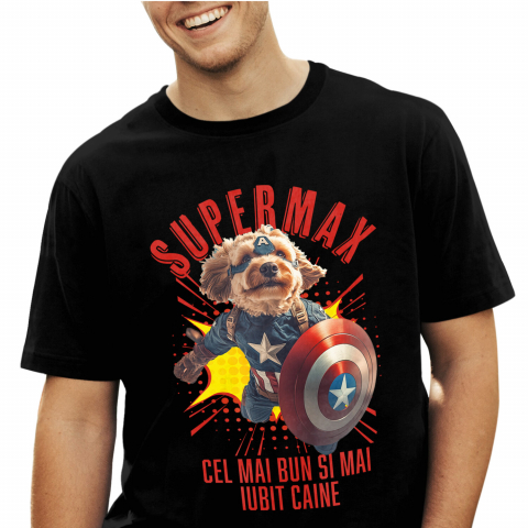 Personalizate cu Animalul Tau - Tricou Barbati cu Animal In Costumul lui Capitanul America, Zburand, Scut, Peronalizata cu Numele si Poza Animalului Tau cu imprimeu pe Fata, 100% Bumbac, Negru, XS