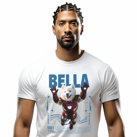 Personalizate cu Animalul Tau - Tricou Barbati cu Animal In Costumul lui Ironman, Zburand, Peronalizata cu Numele si Poza Animalului Tau cu imprimeu pe Fata, 100% Bumbac, Alb, XS