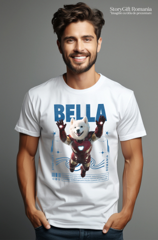 Tricou Barbati cu Animal In Costumul lui Ironman, Zburand, Peronalizata cu Numele si Poza Animalului Tau cu imprimeu pe Fata, 100% Bumbac, Alb, XS [1]