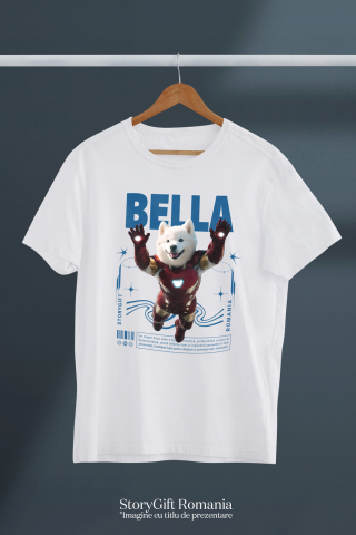 Tricou Femei cu Animal In Costumul lui Ironman, Zburand, Peronalizata cu Numele si Poza Animalului Tau cu imprimeu pe Fata, 100% Bumbac, Alb, S [2]