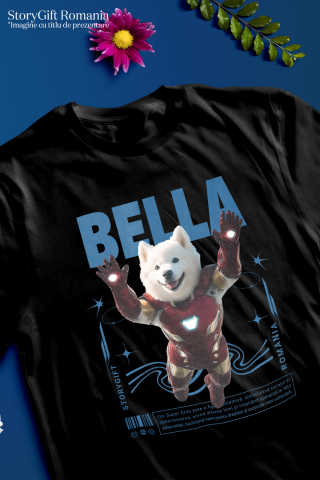 Tricou Barbati cu Animal In Costumul lui Ironman, Zburand, Peronalizata cu Numele si Poza Animalului Tau cu imprimeu pe Fata, 100% Bumbac, Negru, XL [2]