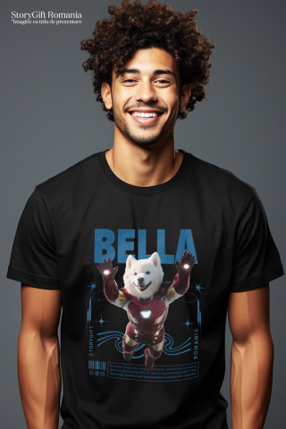 Tricou Barbati cu Animal In Costumul lui Ironman, Zburand, Peronalizata cu Numele si Poza Animalului Tau cu imprimeu pe Fata, 100% Bumbac, Negru, XL [1]