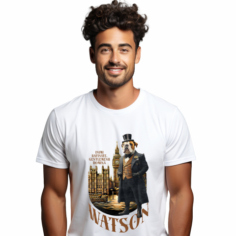 Tricouri - Tricou Barbati cu Animal in Costumul Regal din Londra, Peronalizata cu Numele si Poza Animalului Tau cu imprimeu pe Fata, 100% Bumbac, Alb, S