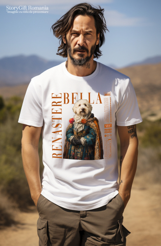 Tricou Barbati cu Animal in Vesmant Regal Renascentist, Peronalizata cu Numele si Poza Animalului Tau cu imprimeu pe Fata, 100% Bumbac, Alb, XS [1]