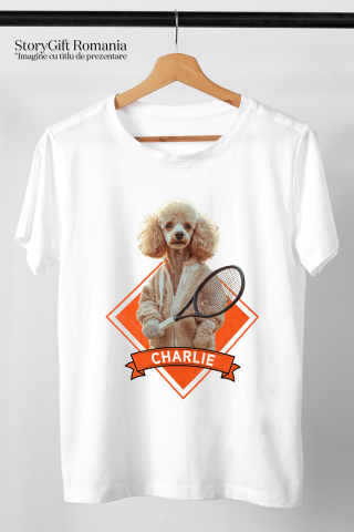 Tricou Femei cu Animal Jucator de Tenis, Peronalizata cu Numele si Poza Animalului Tau cu imprimeu pe Fata, 100% Bumbac, Alb, S [2]