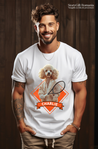 Tricou Barbati cu Animal Jucator de Tenis, Peronalizata cu Numele si Poza Animalului Tau cu imprimeu pe Fata, 100% Bumbac, Alb, XS [1]