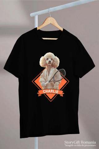 Tricou Barbati cu Animal Jucator de Tenis, Peronalizata cu Numele si Poza Animalului Tau cu imprimeu pe Fata, 100% Bumbac, Negru, XL [2]