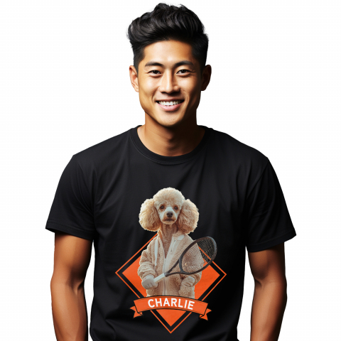 Personalizate cu Animalul Tau - Tricou Barbati cu Animal Jucator de Tenis, Peronalizata cu Numele si Poza Animalului Tau cu imprimeu pe Fata, 100% Bumbac, Negru, XS