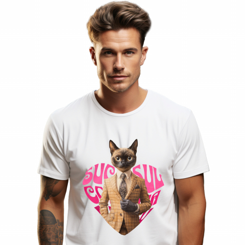 Personalizate cu Animalul Tau - Tricou Barbati cu Animal La Costum, Text in Forma de Inima , Peronalizata cu Numele si Poza Animalului Tau cu imprimeu pe Fata, 100% Bumbac, Alb, XS