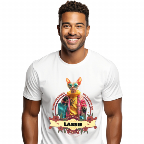 Personalizate cu Animalul Tau - Tricou Barbati cu Animal La Cumparaturi, Moda, Fashion, Peronalizata cu Numele si Poza Animalului Tau cu imprimeu pe Fata, 100% Bumbac, Alb, XS