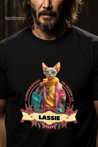 Tricou Barbati cu Animal La Cumparaturi, Moda, Fashion, Peronalizata cu Numele si Poza Animalului Tau cu imprimeu pe Fata, 100% Bumbac, Negru, M [1]