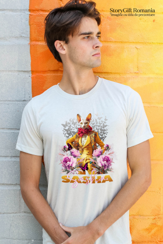 Tricou Barbati cu Animal La Moda in Costum Galben, Inconjurat de Flori, Peronalizata cu Numele si Poza Animalului Tau cu imprimeu pe Fata, 100% Bumbac, Alb, XS [1]