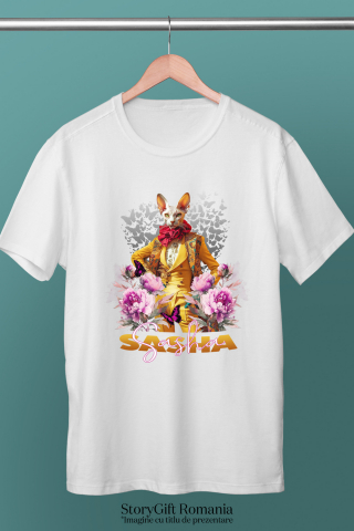 Tricou Femei cu Animal La Moda in Costum Galben, Inconjurat de Flori, Peronalizata cu Numele si Poza Animalului Tau cu imprimeu pe Fata, 100% Bumbac, Alb, M [2]