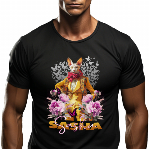 Personalizate cu Animalul Tau - Tricou Barbati cu Animal La Moda in Costum Galben, Inconjurat de Flori, Peronalizata cu Numele si Poza Animalului Tau cu imprimeu pe Fata, 100% Bumbac, Negru, XS