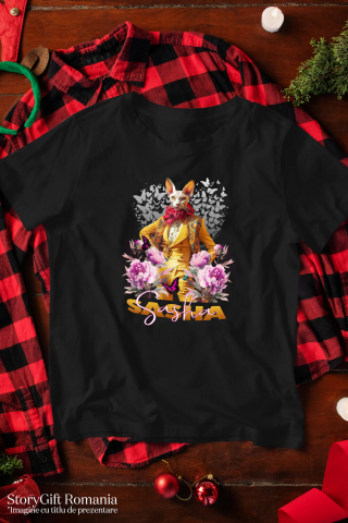 Tricou Barbati cu Animal La Moda in Costum Galben, Inconjurat de Flori, Peronalizata cu Numele si Poza Animalului Tau cu imprimeu pe Fata, 100% Bumbac, Negru, XL [2]