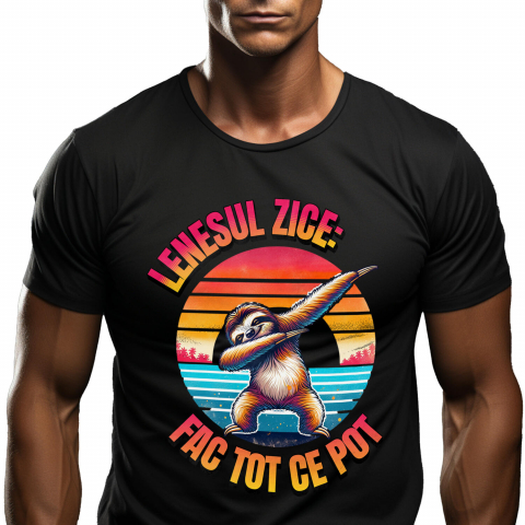 PLAJA - Tricou Femei, Barbati, Copii, Fata, Baiat, Unisex Personalizat "Produse personalizate pentru vacanță – Animal leneș pe plajă la apus cu text 'Leneșul zice fac tot ce pot'"