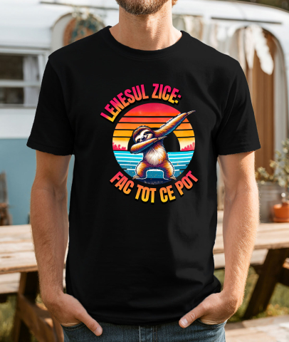 Tricou Femei, Barbati, Copii, Fata, Baiat, Unisex Personalizat "Produse personalizate pentru vacanță – Animal leneș pe plajă la apus cu text 'Leneșul zice fac tot ce pot'" [1]