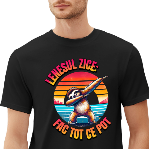 Tricou Femei, Barbati, Copii, Fata, Baiat, Unisex Personalizat "Produse personalizate pentru vacanță – Animal leneș pe plajă la apus cu text 'Leneșul zice fac tot ce pot'"